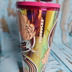Starbucks Floral Iridescent Tumbler Pink Lid Straw 16oz Cold Cup EUC